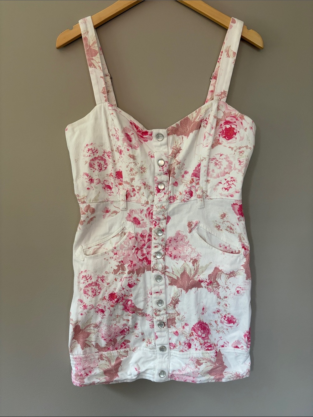 For Love & Lemons Weston Floral Denim Mini Dress Medium White Pink